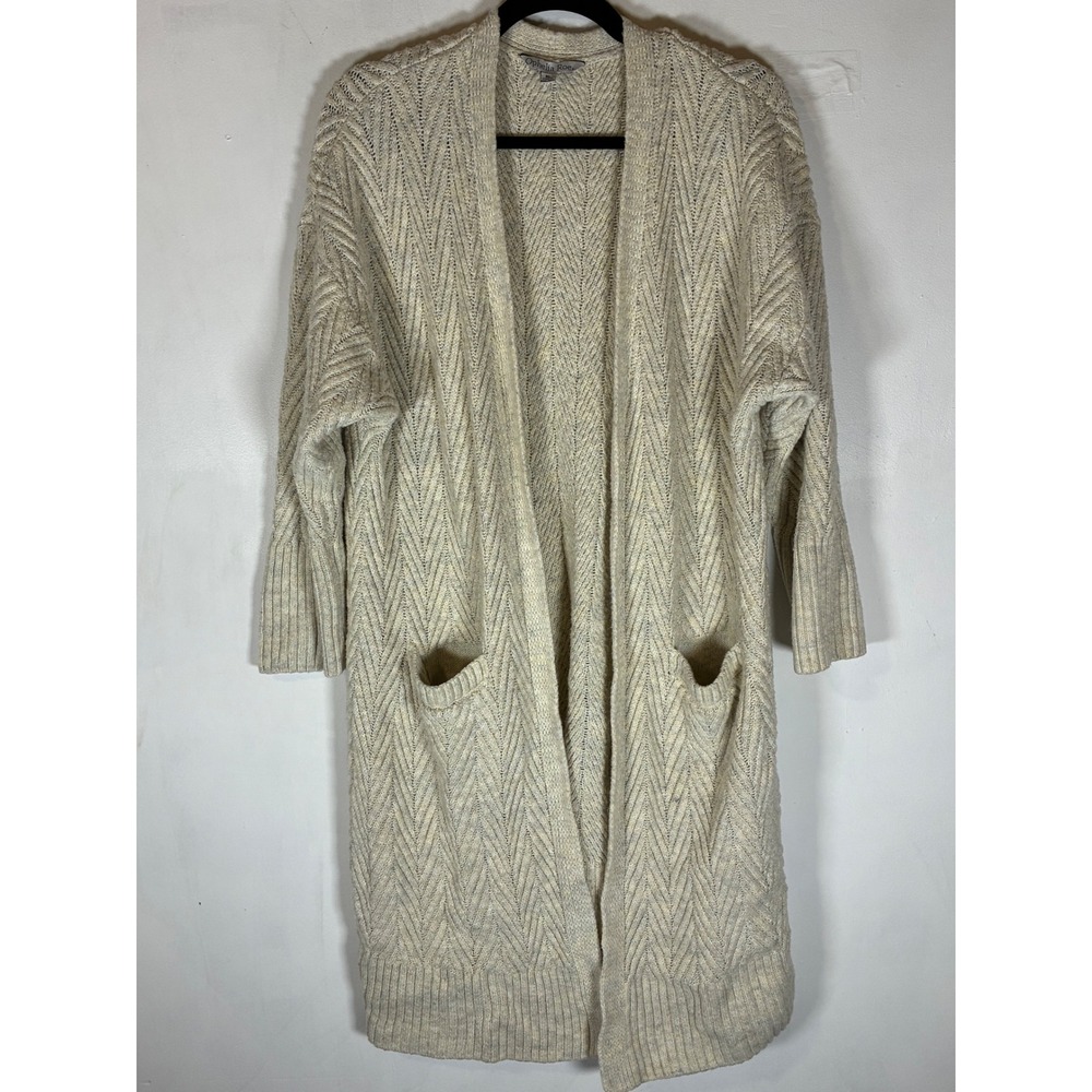 Ophelia Roe XL Cream Chevron Knit Long Open Front Cardigan Pockets - Picture 1 of 6